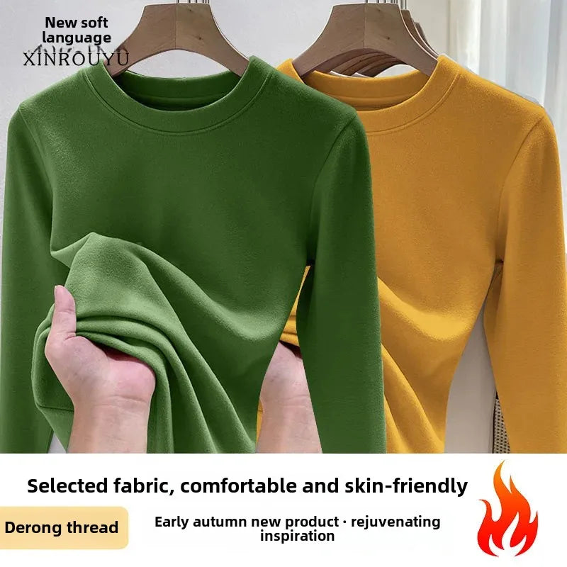 Efeito de emagrecimento manga longa tripulação pescoço camiseta outono novo estilo feminino moda camada base camisa versátil fibra poliéster