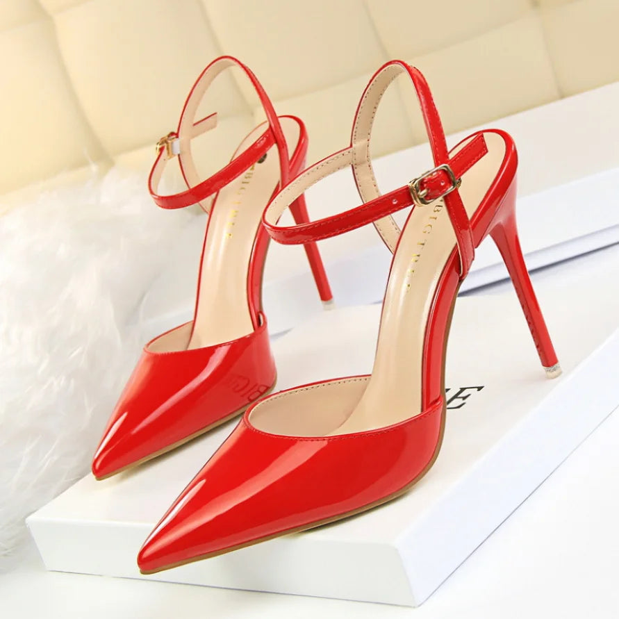 86-1 estilo simples fino salto ultra alto raso pintado couro sexy boate emagrecimento uma palavra cinta sapatos femininos legais