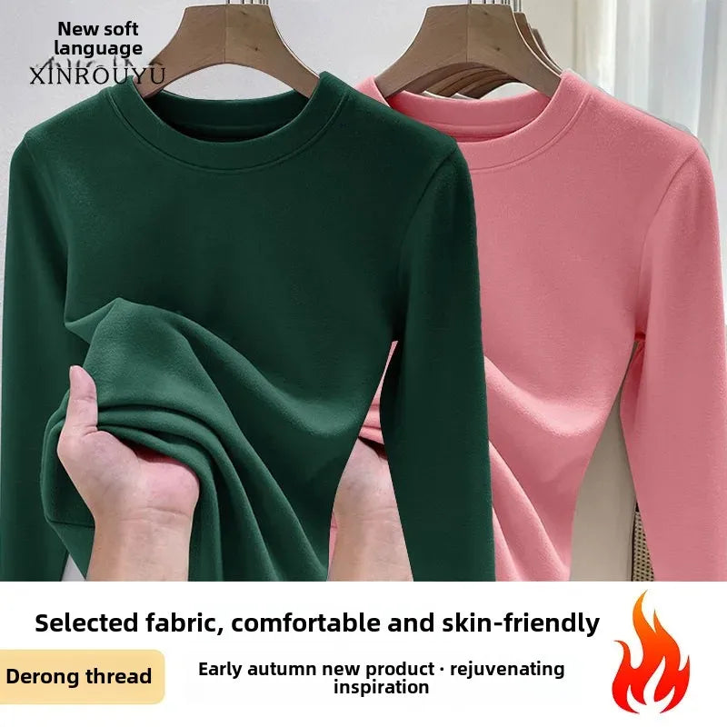 Efeito de emagrecimento manga longa tripulação pescoço camiseta outono novo estilo feminino moda camada base camisa versátil fibra poliéster