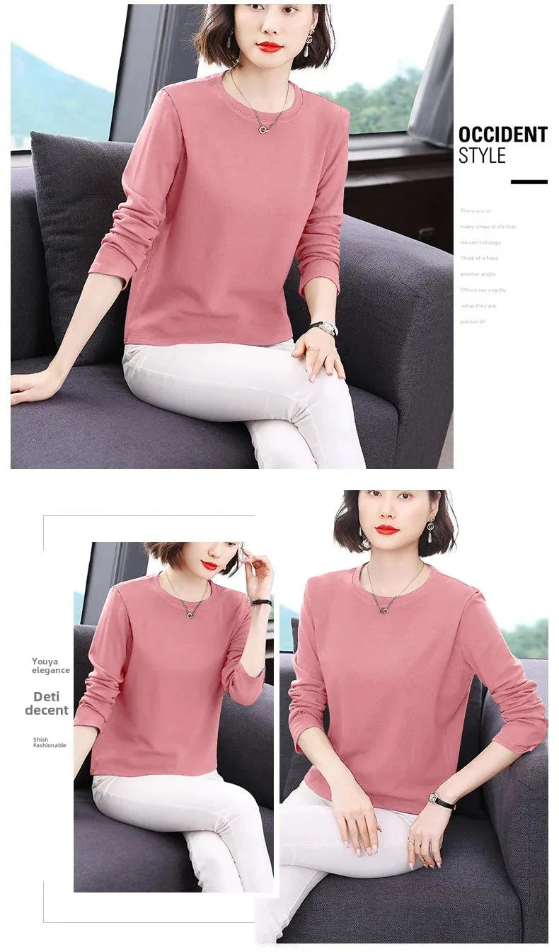 Efeito de emagrecimento manga longa tripulação pescoço camiseta outono novo estilo feminino moda camada base camisa versátil fibra poliéster