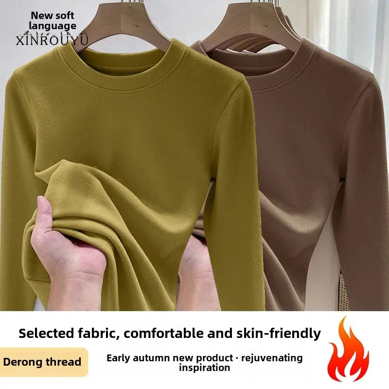 Efeito de emagrecimento manga longa tripulação pescoço camiseta outono novo estilo feminino moda camada base camisa versátil fibra poliéster