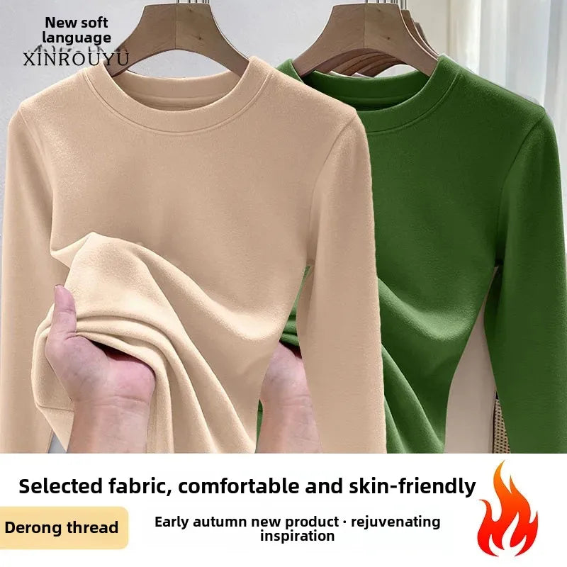 Efeito de emagrecimento manga longa tripulação pescoço camiseta outono novo estilo feminino moda camada base camisa versátil fibra poliéster