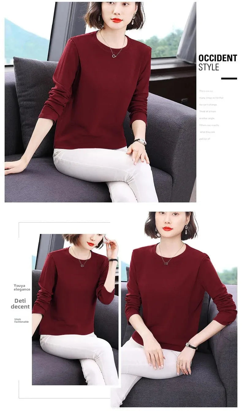 Efeito de emagrecimento manga longa tripulação pescoço camiseta outono novo estilo feminino moda camada base camisa versátil fibra poliéster