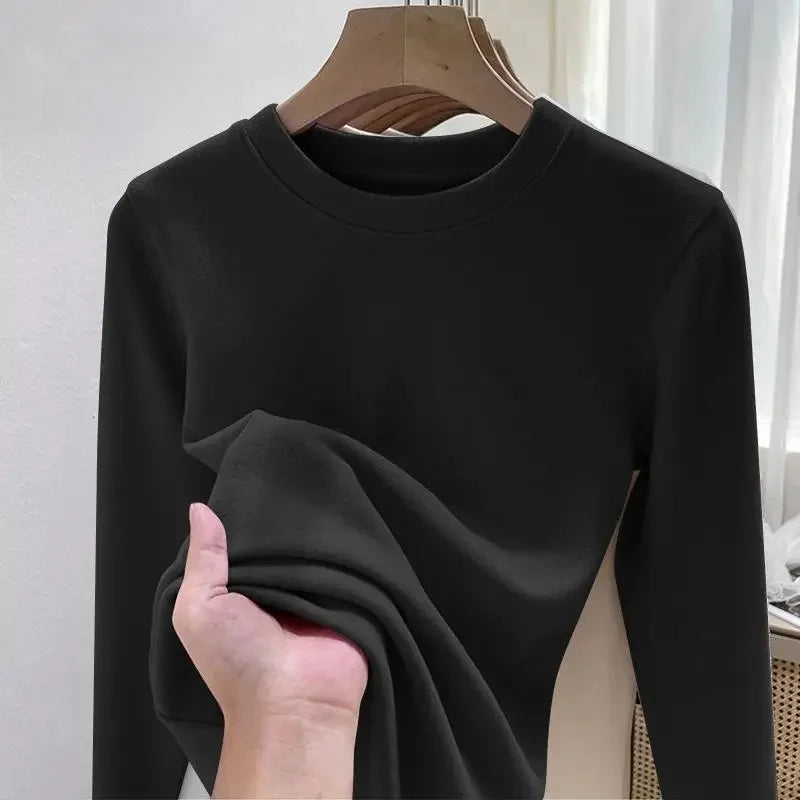 Efeito de emagrecimento manga longa tripulação pescoço camiseta outono novo estilo feminino moda camada base camisa versátil fibra poliéster