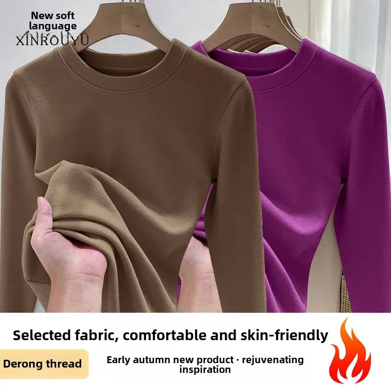 Efeito de emagrecimento manga longa tripulação pescoço camiseta outono novo estilo feminino moda camada base camisa versátil fibra poliéster