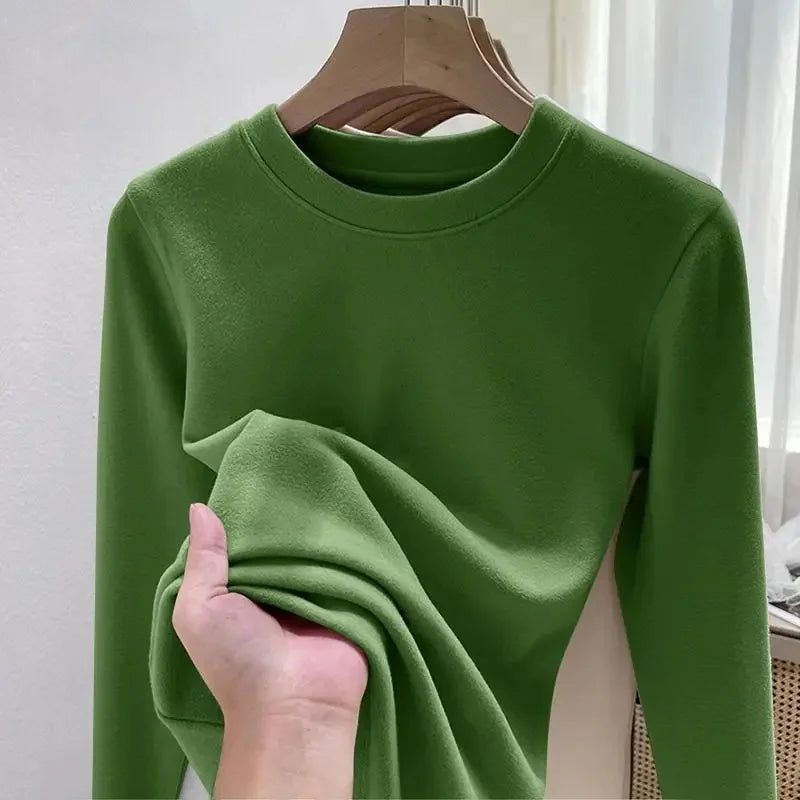 Efeito de emagrecimento manga longa tripulação pescoço camiseta outono novo estilo feminino moda camada base camisa versátil fibra poliéster