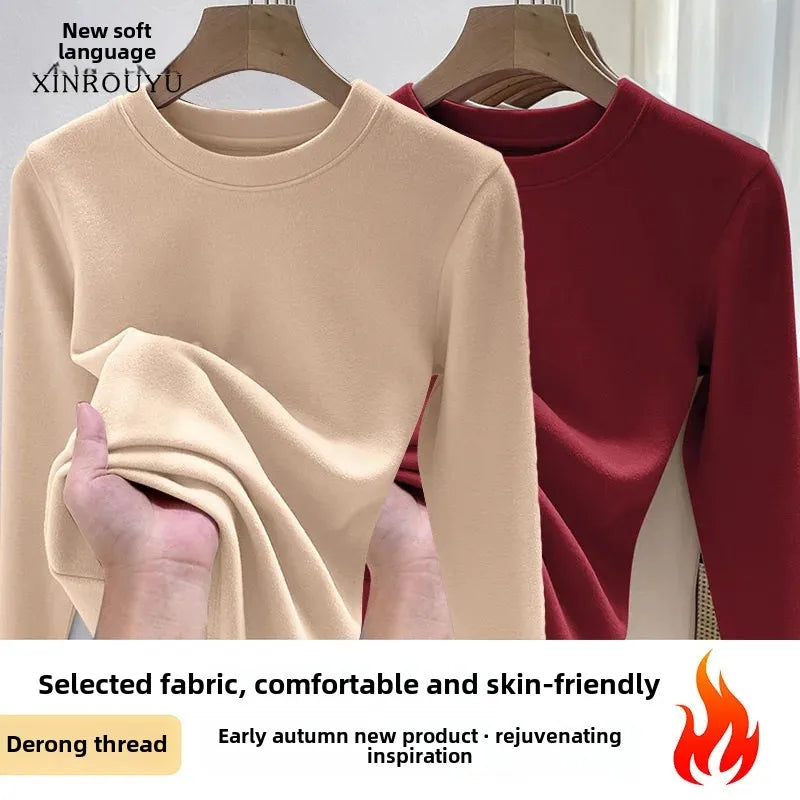 Efeito de emagrecimento manga longa tripulação pescoço camiseta outono novo estilo feminino moda camada base camisa versátil fibra poliéster