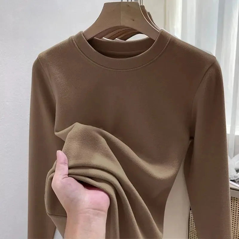 Efeito de emagrecimento manga longa tripulação pescoço camiseta outono novo estilo feminino moda camada base camisa versátil fibra poliéster