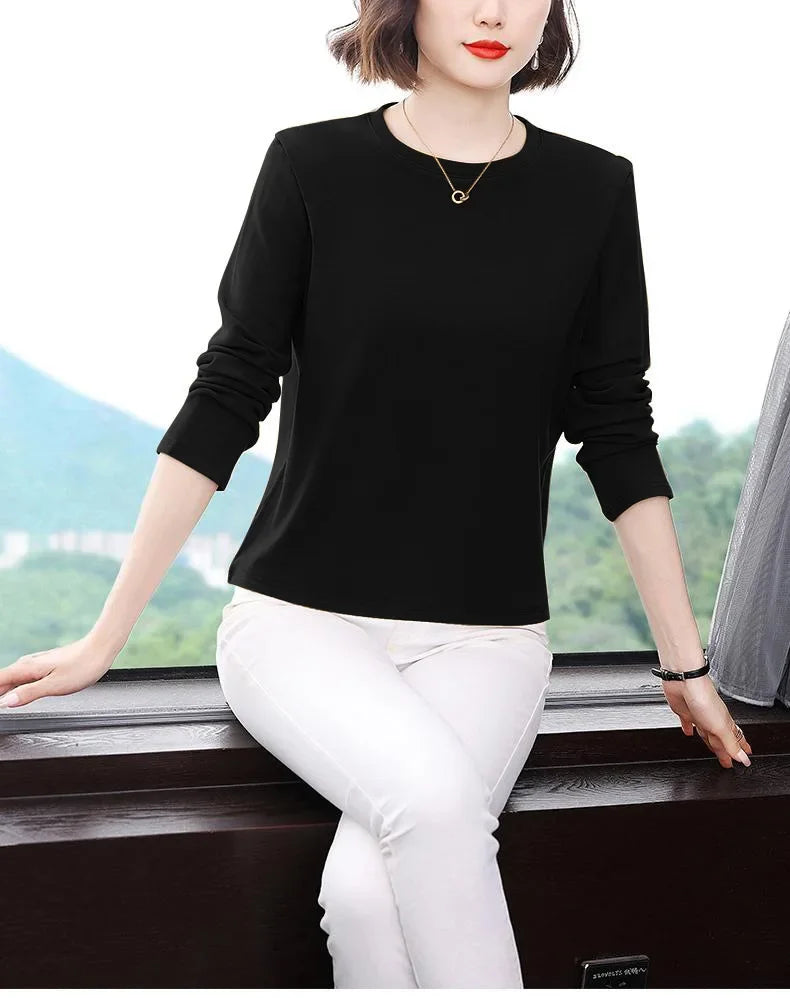 Efeito de emagrecimento manga longa tripulação pescoço camiseta outono novo estilo feminino moda camada base camisa versátil fibra poliéster