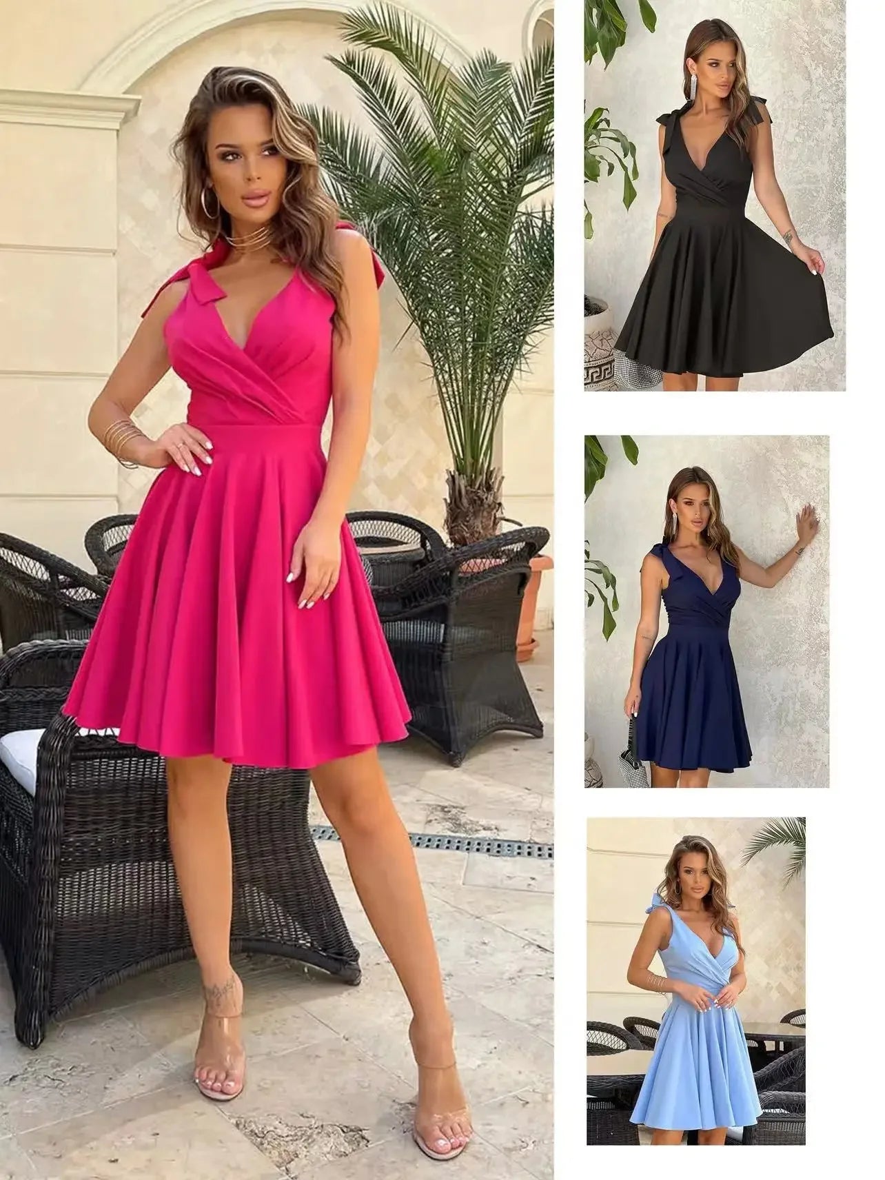 Emagrecimento com decote em v sem mangas borboleta nó cintura cinched verão novo estilo vestido curto feminino vestido de moda transfronteiriça