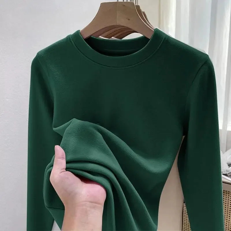 Efeito de emagrecimento manga longa tripulação pescoço camiseta outono novo estilo feminino moda camada base camisa versátil fibra poliéster