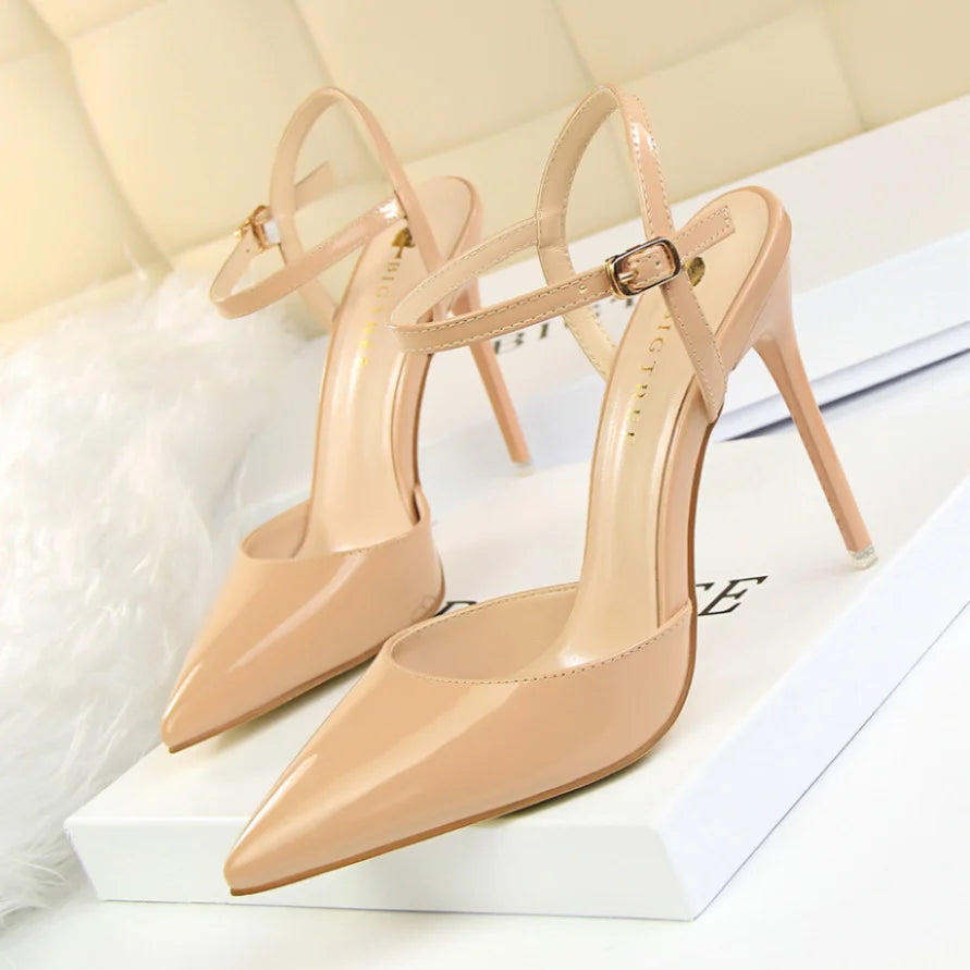 86-1 estilo simples fino salto ultra alto raso pintado couro sexy boate emagrecimento uma palavra cinta sapatos femininos legais