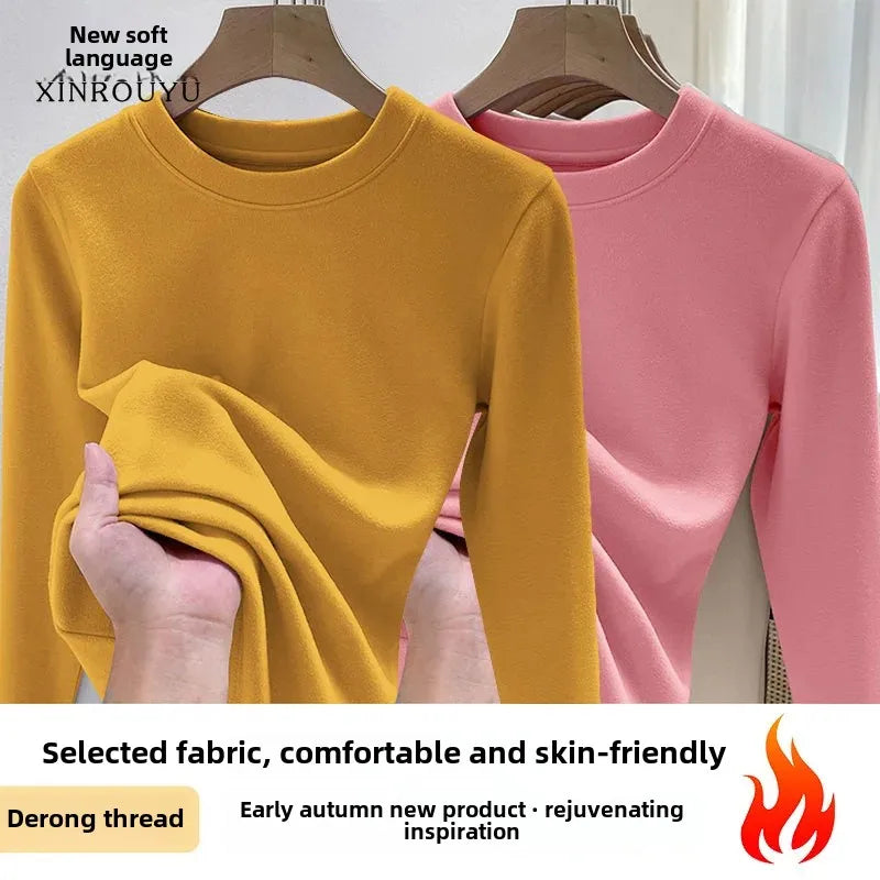Efeito de emagrecimento manga longa tripulação pescoço camiseta outono novo estilo feminino moda camada base camisa versátil fibra poliéster