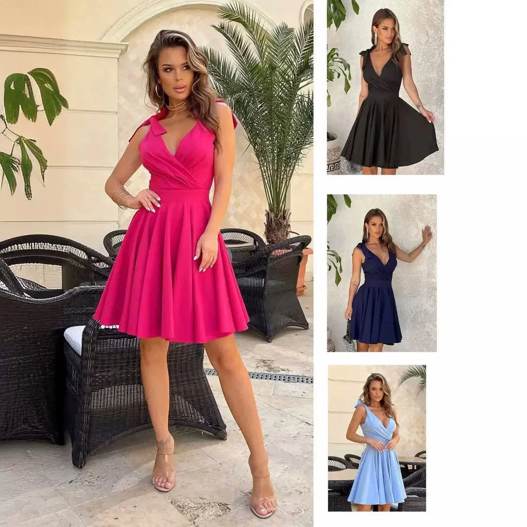 Emagrecimento com decote em v sem mangas borboleta nó cintura cinched verão novo estilo vestido curto feminino vestido de moda transfronteiriça