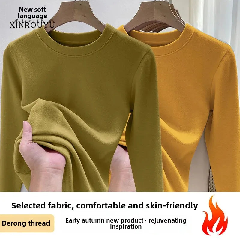 Efeito de emagrecimento manga longa tripulação pescoço camiseta outono novo estilo feminino moda camada base camisa versátil fibra poliéster