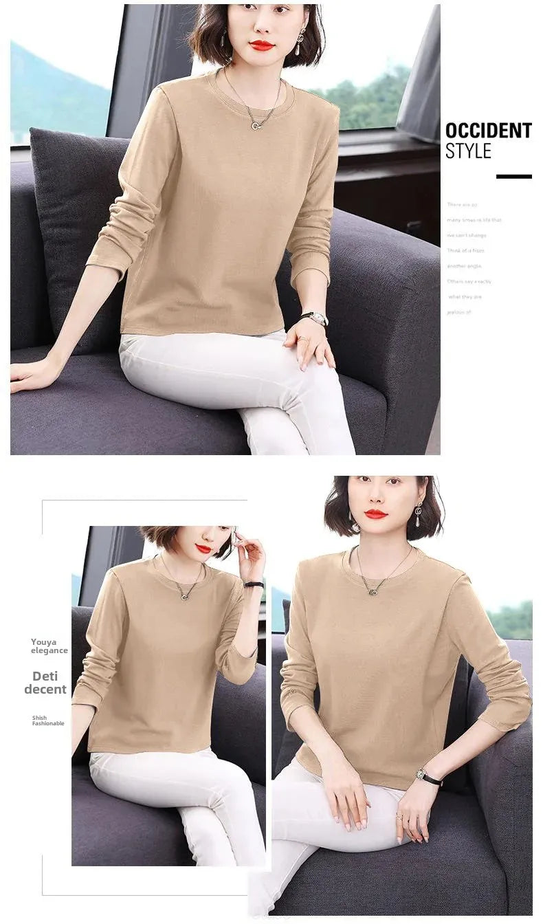 Efeito de emagrecimento manga longa tripulação pescoço camiseta outono novo estilo feminino moda camada base camisa versátil fibra poliéster