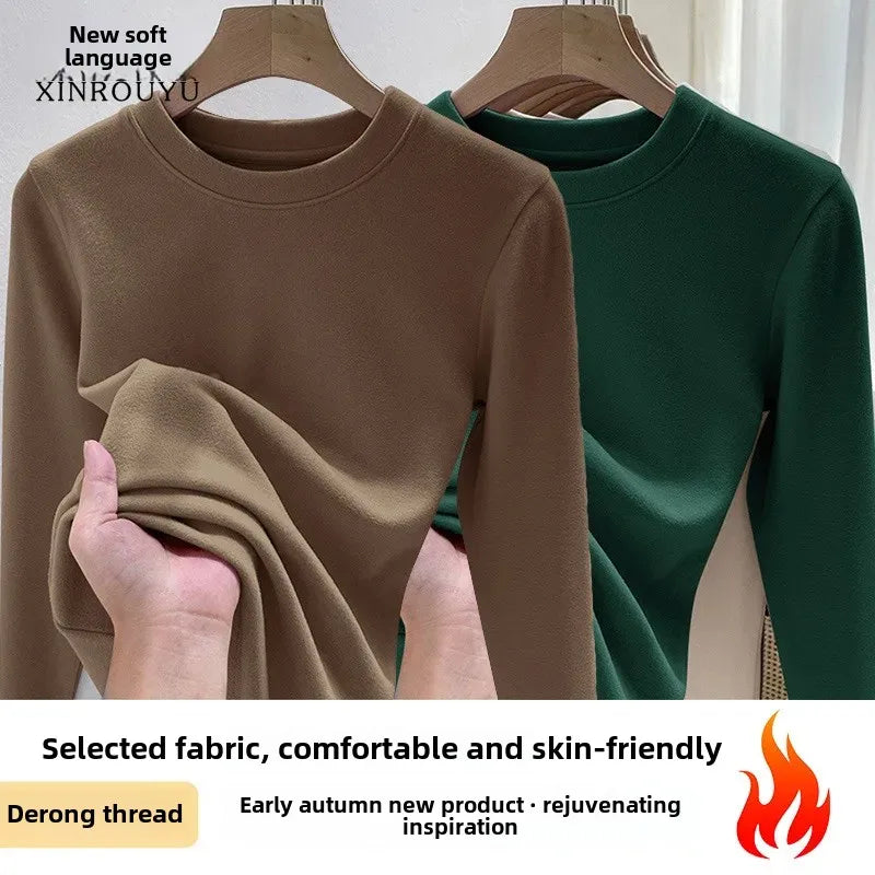 Efeito de emagrecimento manga longa tripulação pescoço camiseta outono novo estilo feminino moda camada base camisa versátil fibra poliéster