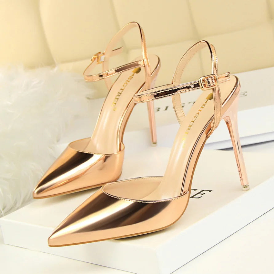 86-1 estilo simples fino salto ultra alto raso pintado couro sexy boate emagrecimento uma palavra cinta sapatos femininos legais
