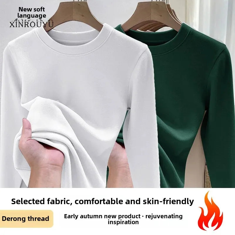 Efeito de emagrecimento manga longa tripulação pescoço camiseta outono novo estilo feminino moda camada base camisa versátil fibra poliéster