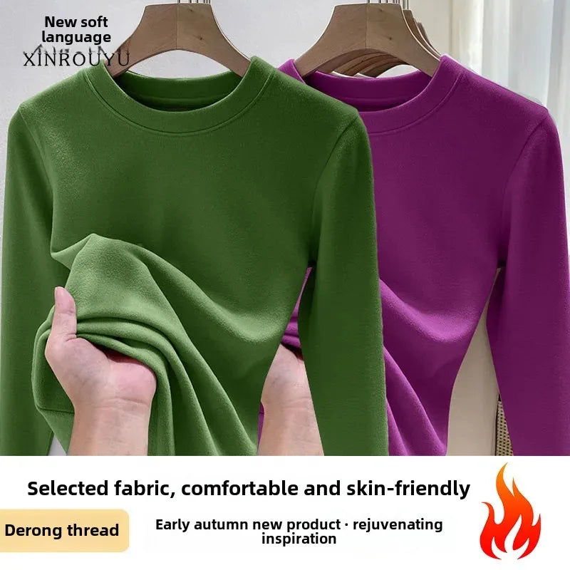 Efeito de emagrecimento manga longa tripulação pescoço camiseta outono novo estilo feminino moda camada base camisa versátil fibra poliéster