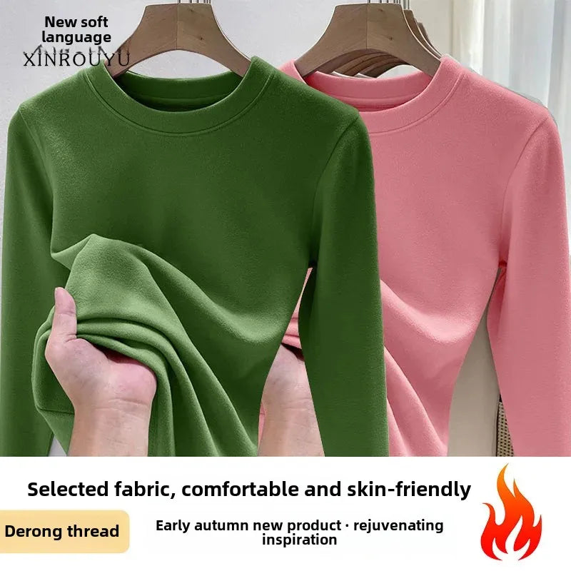 Efeito de emagrecimento manga longa tripulação pescoço camiseta outono novo estilo feminino moda camada base camisa versátil fibra poliéster