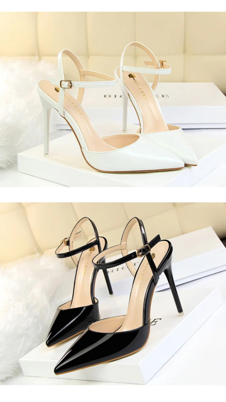 86-1 estilo simples fino salto ultra alto raso pintado couro sexy boate emagrecimento uma palavra cinta sapatos femininos legais