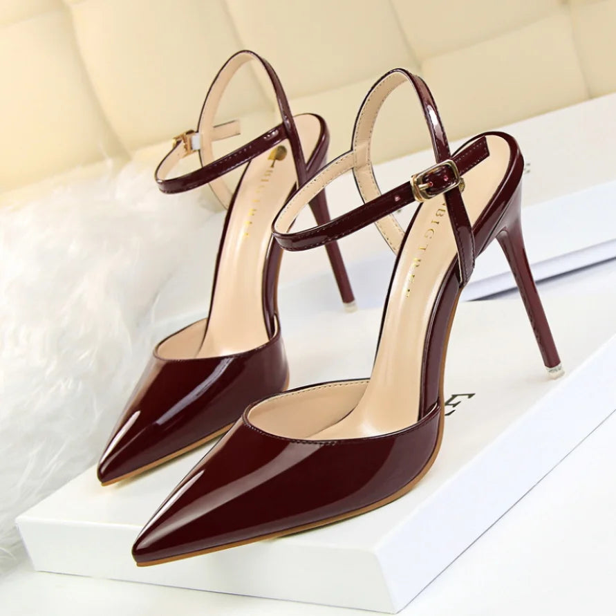 86-1 estilo simples fino salto ultra alto raso pintado couro sexy boate emagrecimento uma palavra cinta sapatos femininos legais