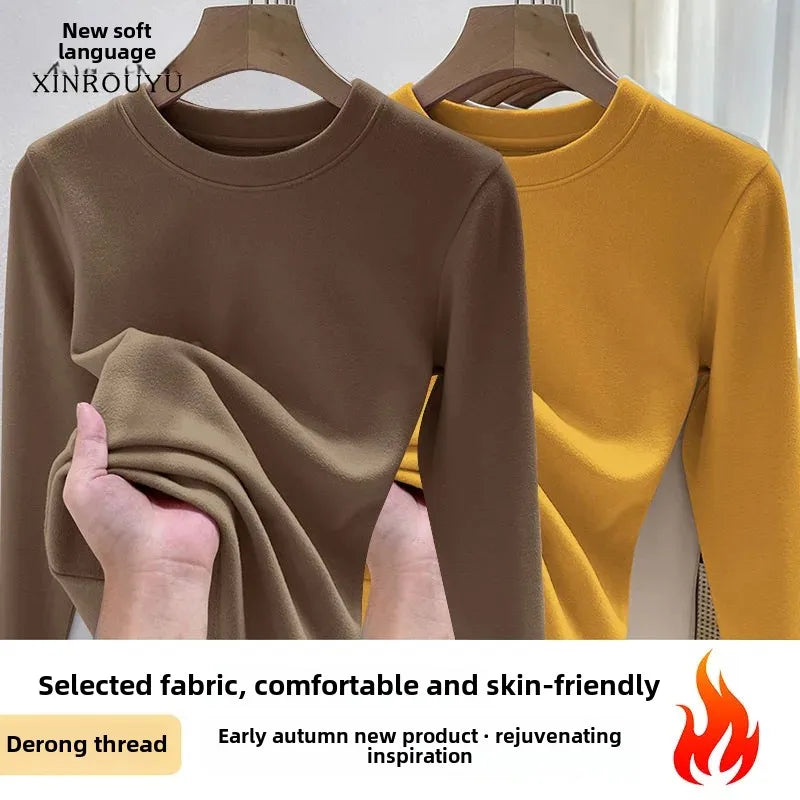 Efeito de emagrecimento manga longa tripulação pescoço camiseta outono novo estilo feminino moda camada base camisa versátil fibra poliéster