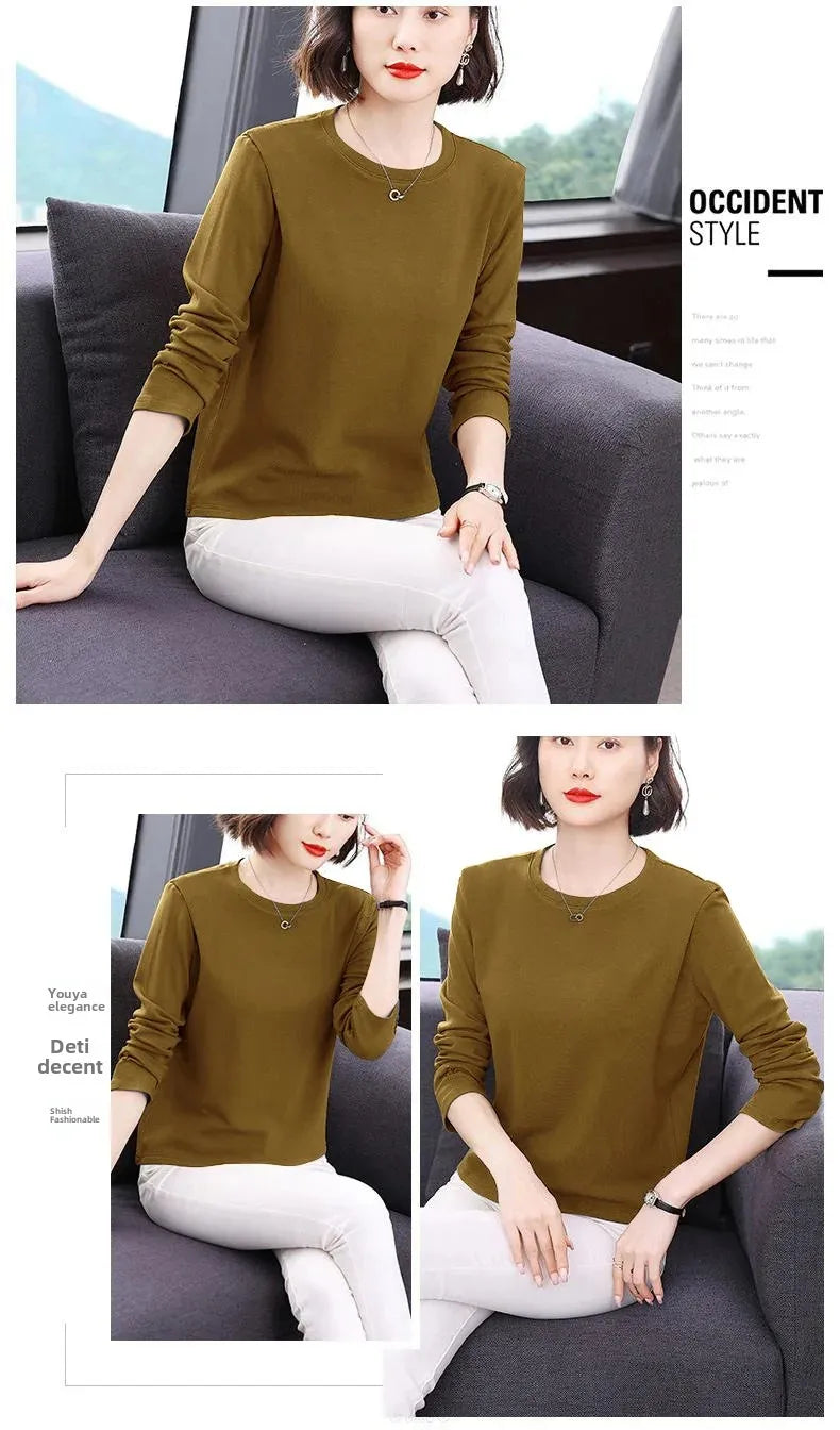 Efeito de emagrecimento manga longa tripulação pescoço camiseta outono novo estilo feminino moda camada base camisa versátil fibra poliéster