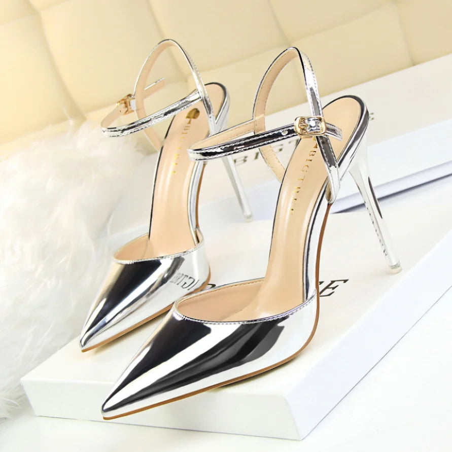 86-1 estilo simples fino salto ultra alto raso pintado couro sexy boate emagrecimento uma palavra cinta sapatos femininos legais