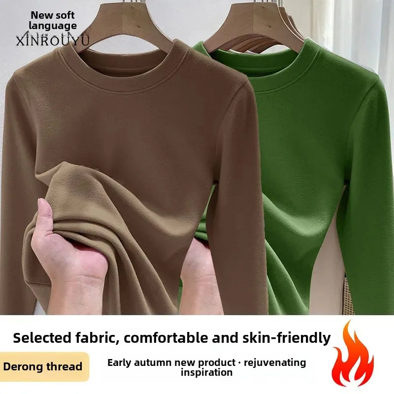 Efeito de emagrecimento manga longa tripulação pescoço camiseta outono novo estilo feminino moda camada base camisa versátil fibra poliéster
