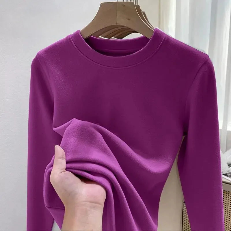 Efeito de emagrecimento manga longa tripulação pescoço camiseta outono novo estilo feminino moda camada base camisa versátil fibra poliéster