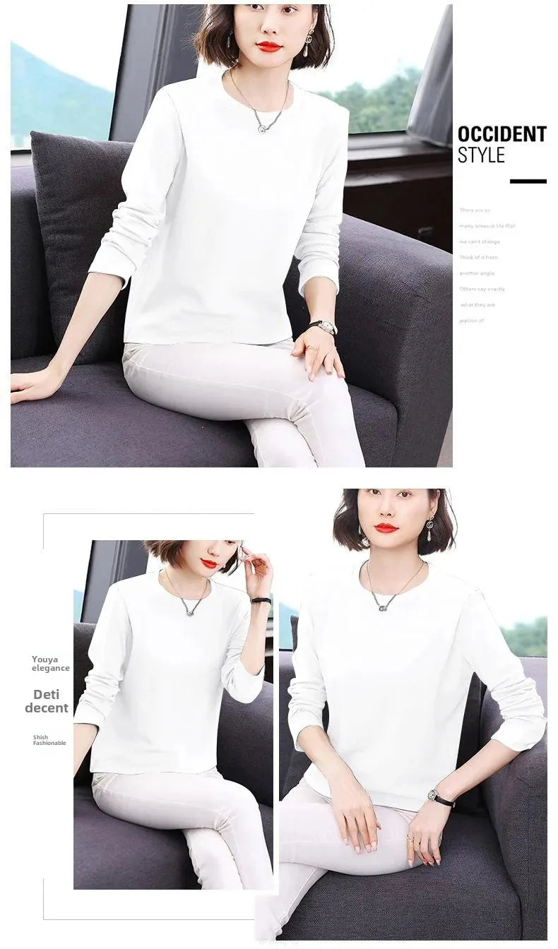 Efeito de emagrecimento manga longa tripulação pescoço camiseta outono novo estilo feminino moda camada base camisa versátil fibra poliéster