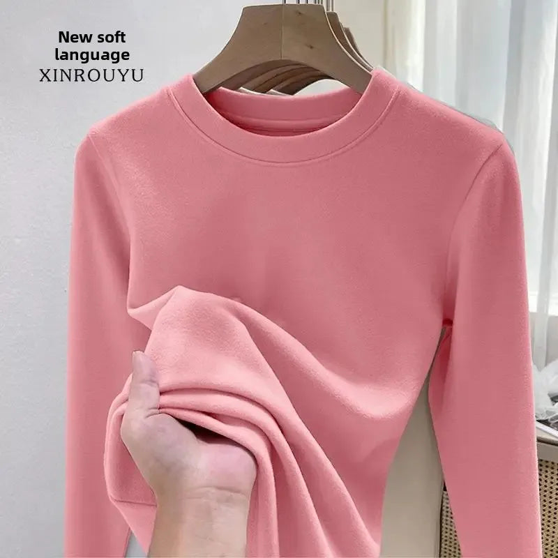 Efeito de emagrecimento manga longa tripulação pescoço camiseta outono novo estilo feminino moda camada base camisa versátil fibra poliéster