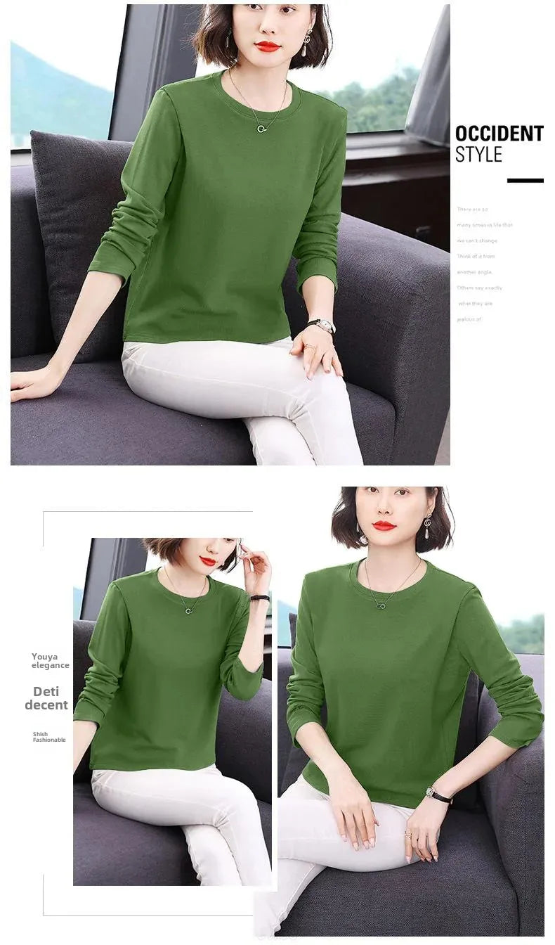 Efeito de emagrecimento manga longa tripulação pescoço camiseta outono novo estilo feminino moda camada base camisa versátil fibra poliéster