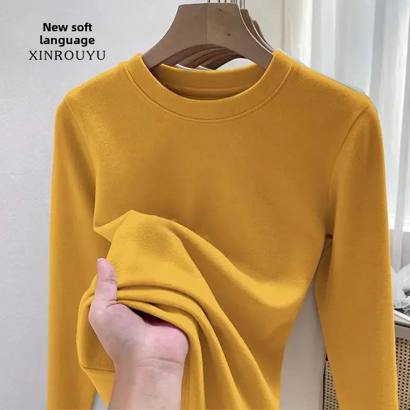 Efeito de emagrecimento manga longa tripulação pescoço camiseta outono novo estilo feminino moda camada base camisa versátil fibra poliéster
