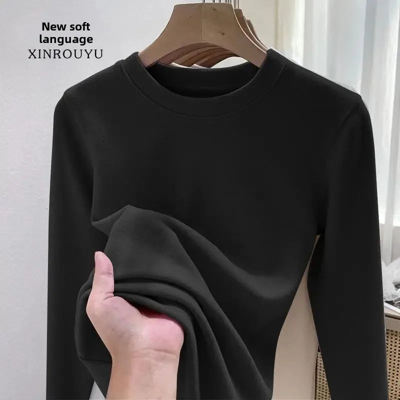 Efeito de emagrecimento manga longa tripulação pescoço camiseta outono novo estilo feminino moda camada base camisa versátil fibra poliéster