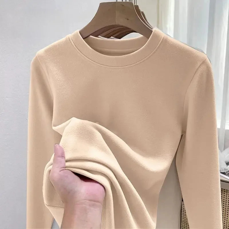 Efeito de emagrecimento manga longa tripulação pescoço camiseta outono novo estilo feminino moda camada base camisa versátil fibra poliéster