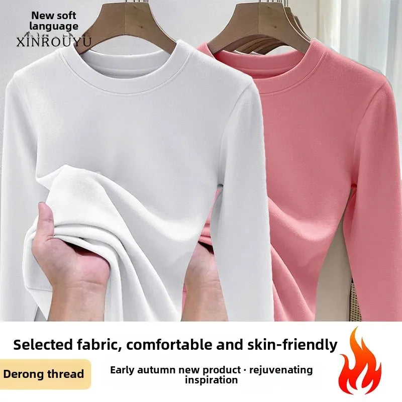 Efeito de emagrecimento manga longa tripulação pescoço camiseta outono novo estilo feminino moda camada base camisa versátil fibra poliéster