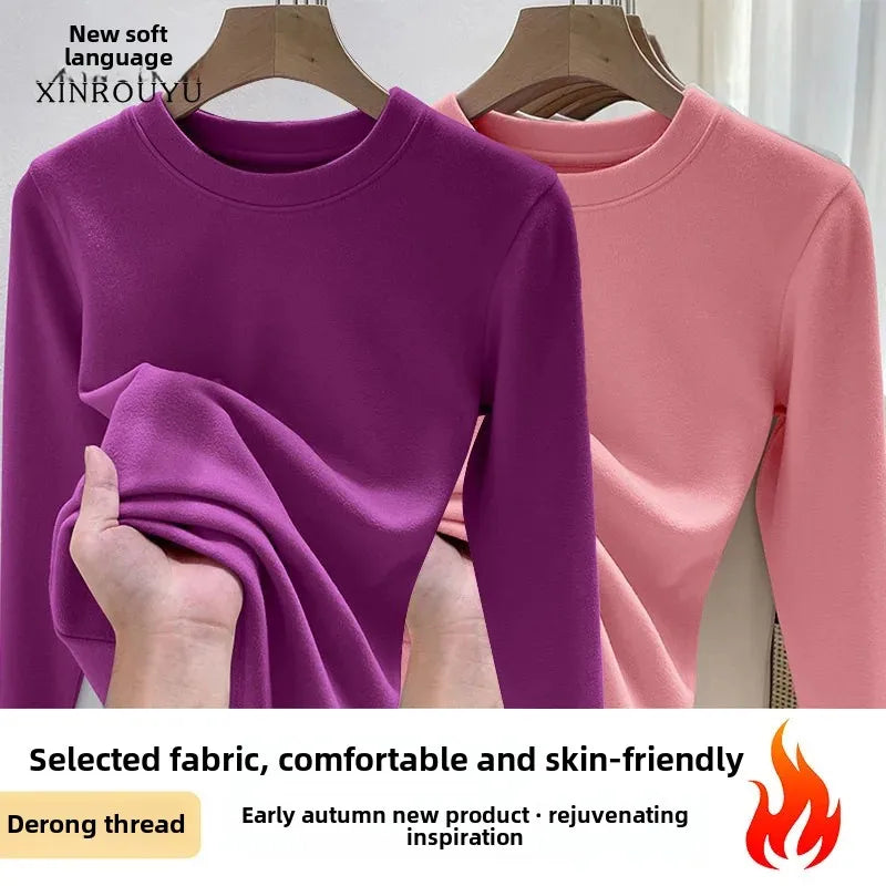 Efeito de emagrecimento manga longa tripulação pescoço camiseta outono novo estilo feminino moda camada base camisa versátil fibra poliéster