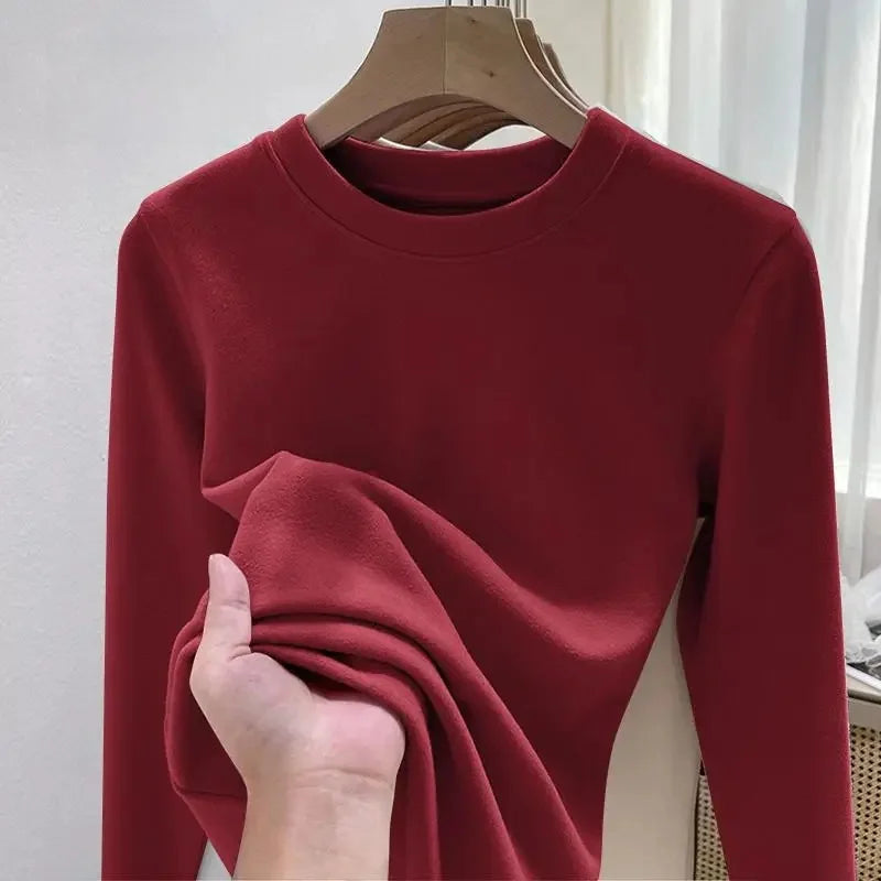Efeito de emagrecimento manga longa tripulação pescoço camiseta outono novo estilo feminino moda camada base camisa versátil fibra poliéster