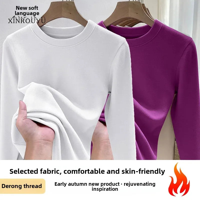Efeito de emagrecimento manga longa tripulação pescoço camiseta outono novo estilo feminino moda camada base camisa versátil fibra poliéster