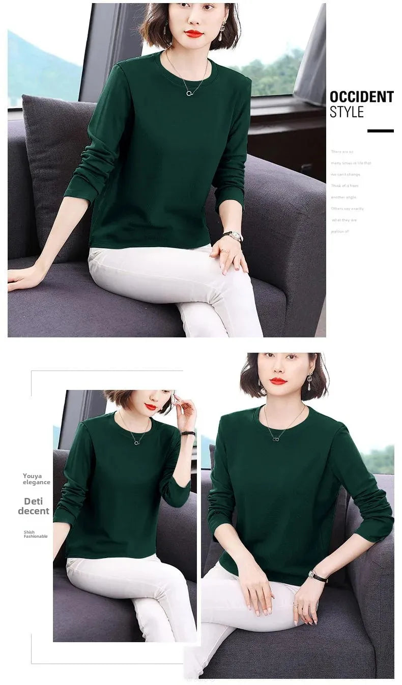 Efeito de emagrecimento manga longa tripulação pescoço camiseta outono novo estilo feminino moda camada base camisa versátil fibra poliéster