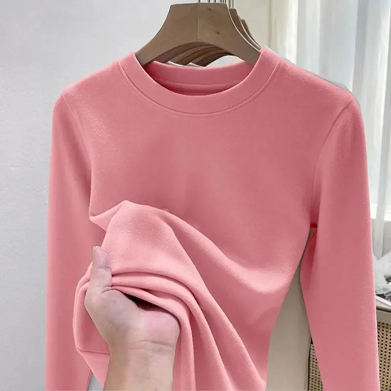 Efeito de emagrecimento manga longa tripulação pescoço camiseta outono novo estilo feminino moda camada base camisa versátil fibra poliéster