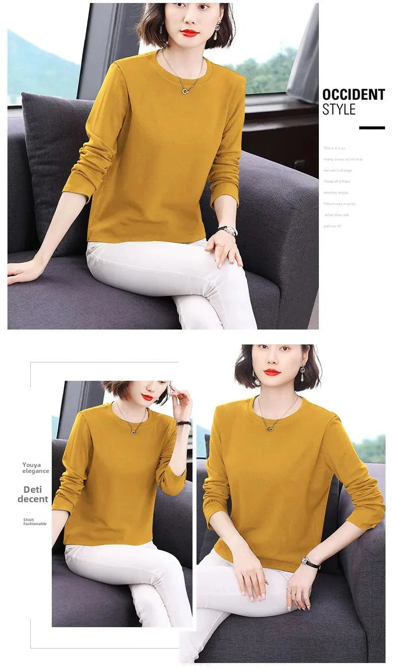 Efeito de emagrecimento manga longa tripulação pescoço camiseta outono novo estilo feminino moda camada base camisa versátil fibra poliéster