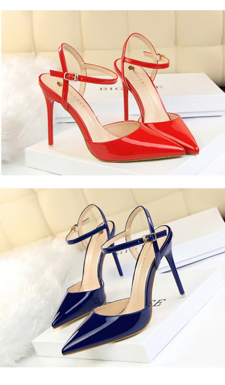 86-1 estilo simples fino salto ultra alto raso pintado couro sexy boate emagrecimento uma palavra cinta sapatos femininos legais