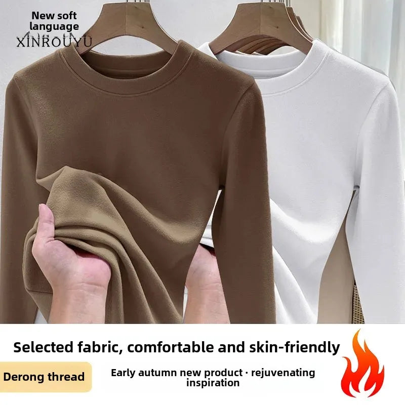 Efeito de emagrecimento manga longa tripulação pescoço camiseta outono novo estilo feminino moda camada base camisa versátil fibra poliéster