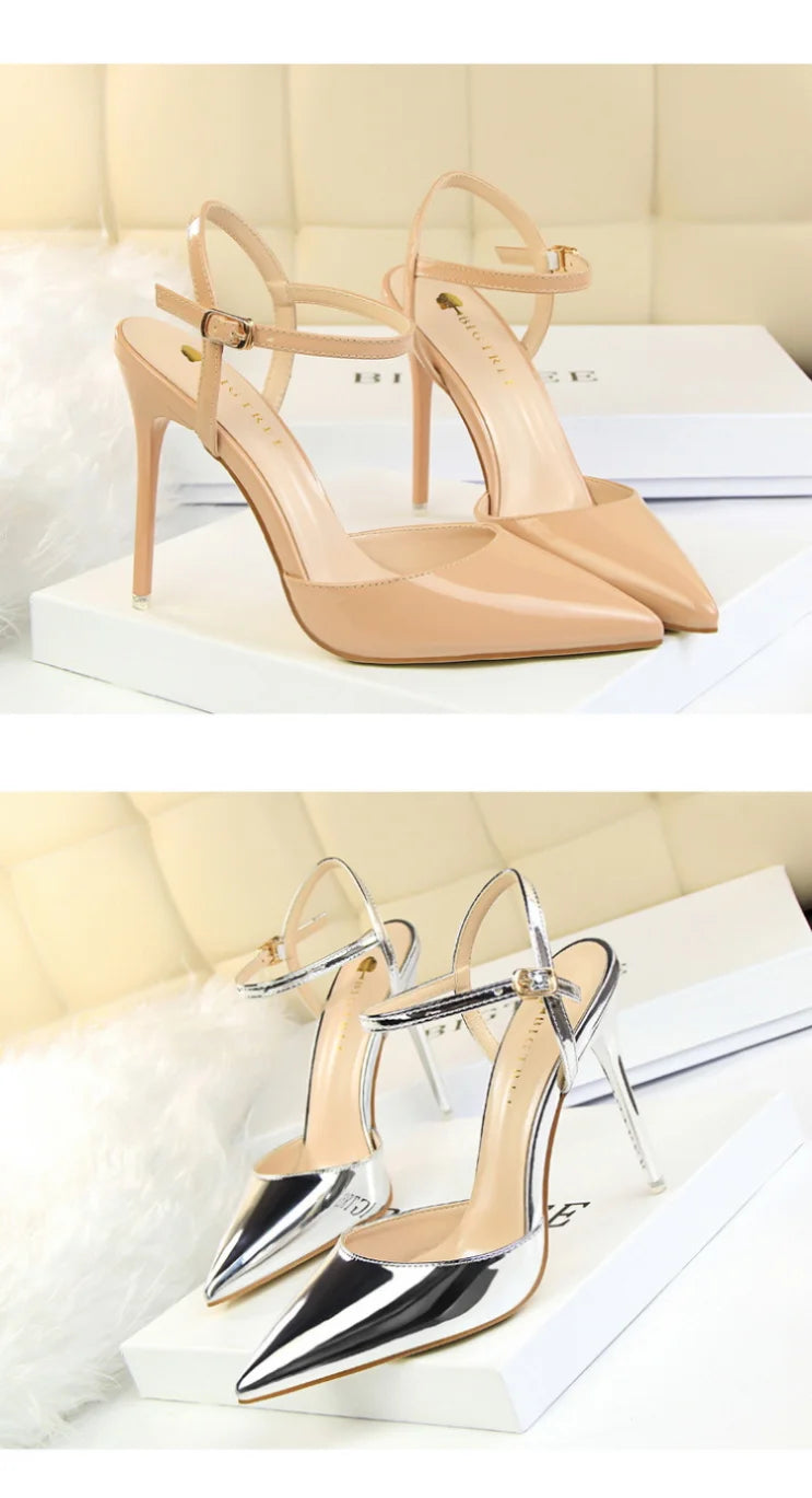 86-1 estilo simples fino salto ultra alto raso pintado couro sexy boate emagrecimento uma palavra cinta sapatos femininos legais