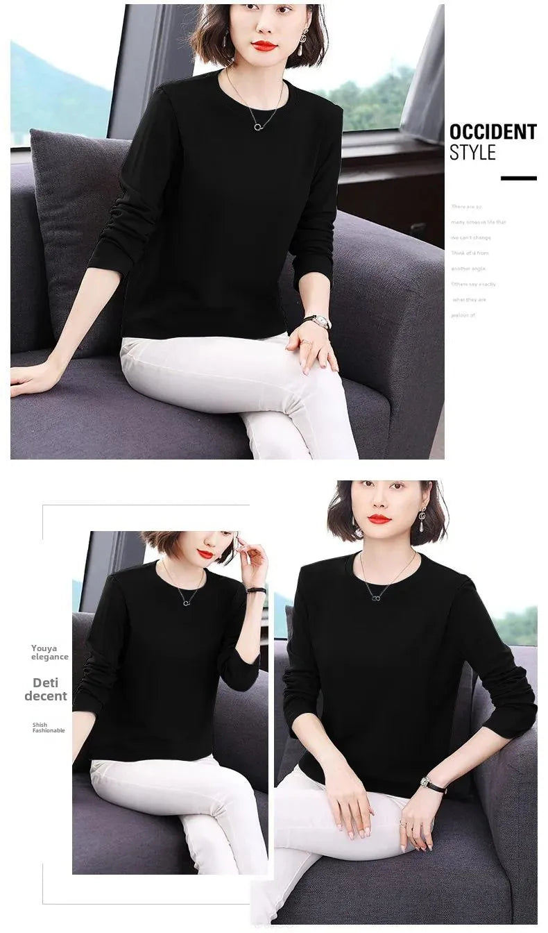 Efeito de emagrecimento manga longa tripulação pescoço camiseta outono novo estilo feminino moda camada base camisa versátil fibra poliéster
