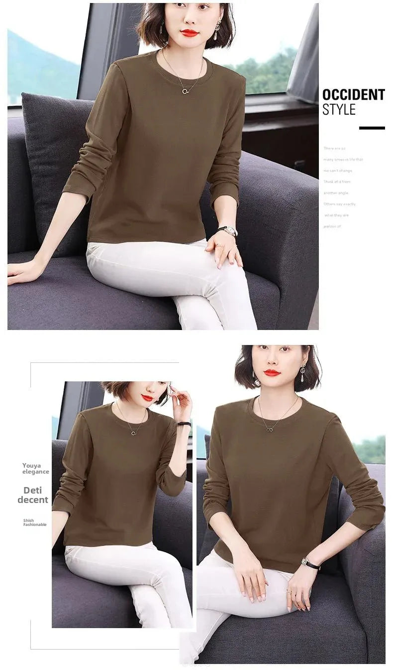 Efeito de emagrecimento manga longa tripulação pescoço camiseta outono novo estilo feminino moda camada base camisa versátil fibra poliéster